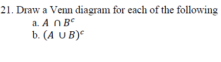 21. Draw a Venn diagram for each of the following
a. A n Bº
b. (A U B)°
