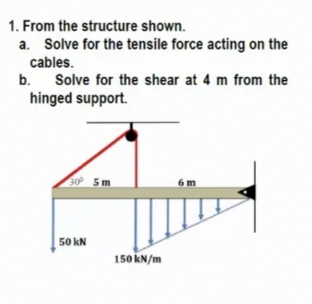 1. From the structure shown.
a. Solve for the tensile force acting on the
cables.
b.
Solve for the shear at 4 m from the
hinged support.
30 5 m
6 m
50 kN
150 kN/m
