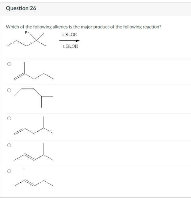 Question 26
Which of the following alkenes is the major product of the following reaction?
Br.
t-BUOK
t-BUOH
