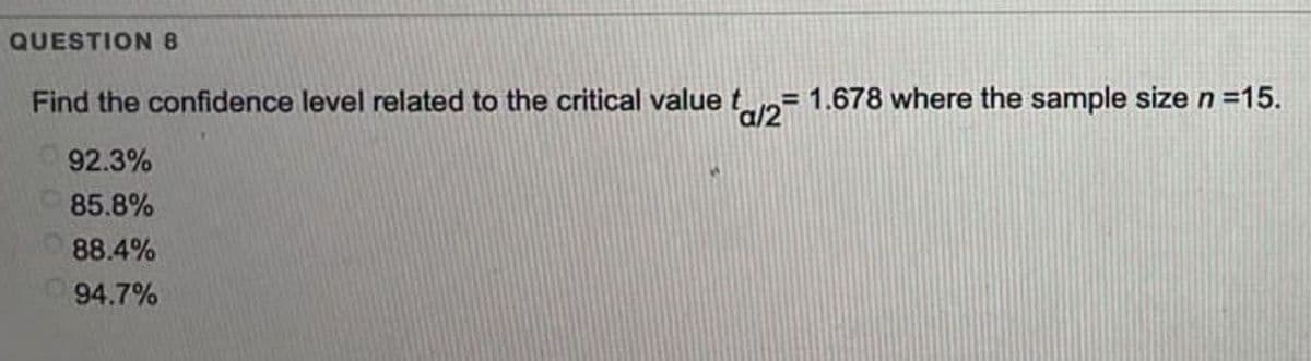 QUESTION B
Find the confidence level related to the critical value f/2 1.678 where the sample size n =15.
92.3%
85.8%
88.4%
94.7%