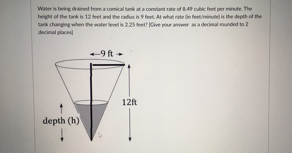 Water is being drained from a comical tank at a constant rate of 8.49 cubic feet per minute. The
height of the tank is 12 feet and the radius is 9 feet. At what rate (in feet/minute) is the depth of the
tank changing when the water level is 2.25 feet? [Give your answer as a decimal rounded to 2
decimal places]
+9 ft →
12ft
depth (h)
