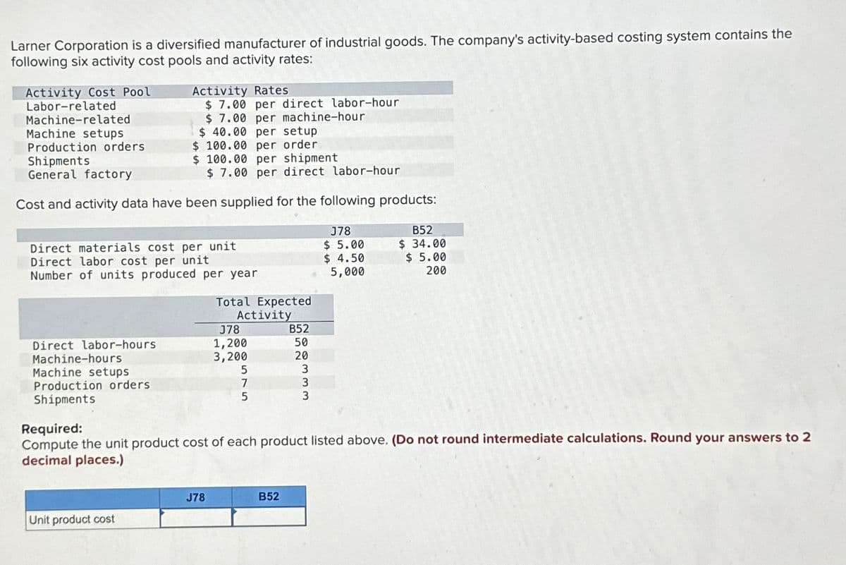 Larner Corporation is a diversified manufacturer of industrial goods. The company's activity-based costing system contains the
following six activity cost pools and activity rates:
Activity Rates
$7.00 per direct labor-hour
$7.00 per machine-hour
Machine setups
$ 40.00 per setup
Production orders
$ 100.00 per order
Shipments
$ 100.00 per shipment
General factory
$7.00 per direct labor-hour
Cost and activity data have been supplied for the following products:
J78
$5.00
$ 4.50
5,000
Activity Cost Pool
Labor-related
Machine-related
Direct materials cost per unit
Direct labor cost per unit
Number of units produced per year
Direct labor-hours
Machine-hours
Machine setups
Production orders
Shipments
Unit product cost
Total Expected
Activity
J78
J78
1,200
3,200
5
7
5
B52
50
20
3
B52
www.
Required:
Compute the unit product cost of each product listed above. (Do not round intermediate calculations. Round your answers to 2
decimal places.)
3
B52
$ 34.00
$5.00
200