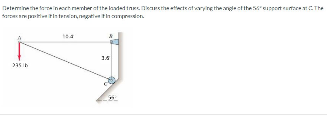 Determine the force in each member of the loaded truss. Discuss the effects of varying the angle of the 56° support surface at C. The
forces are positive if in tension, negative if in compression.
A
235 lb
10.4'
B
3.6'
56°