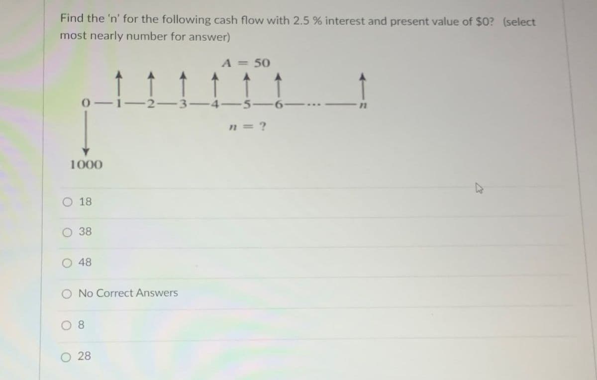 Find the 'n' for the following cash flow with 2.5 % interest and present value of $0? (select
most nearly number for answer)
1000
18
○ 38
48
O No Correct Answers
08
28
A = 50
"
n = ?