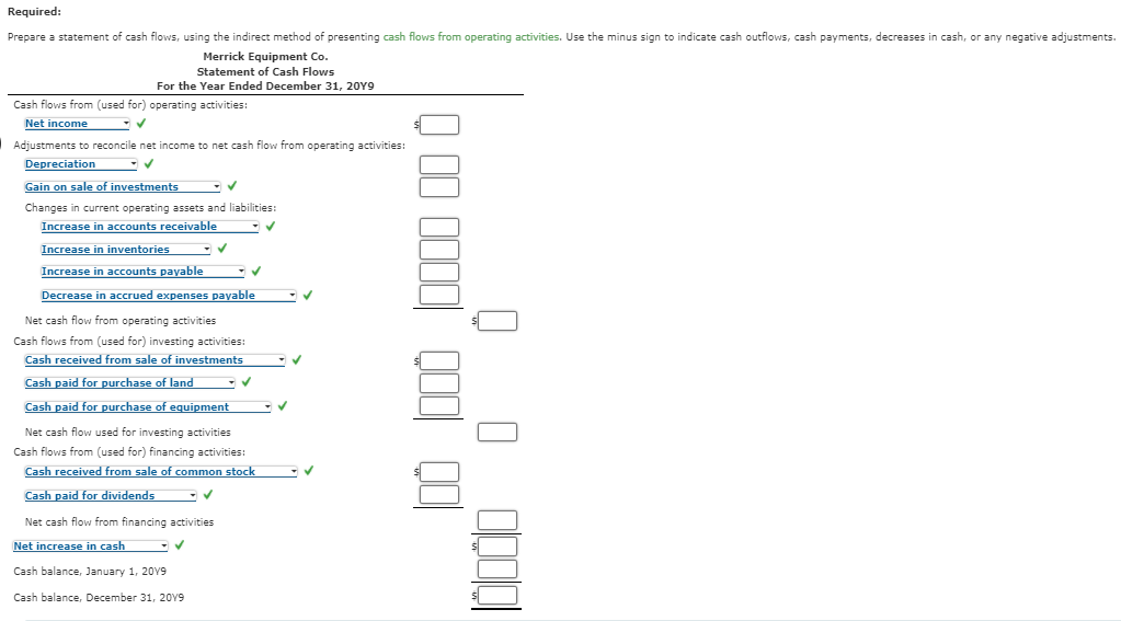 Required:
Prepare a statement of cash flows, using the indirect method of presenting cash flows from operating activities. Use the minus sign to indicate cash outflows, cash payments, decreases in cash, or any negative adjustments.
Merrick Equipment Co.
Statement of Cash Flows
For the Year Ended December 31, 20Y9
Cash flows from (used for) operating activities:
Net income
Adjustments to reconcile net income to net cash flow from operating activities:
Depreciation
Gain on sale of investments
Changes in current operating assets and liabilities:
Increase in accounts receivable
Increase in inventories
Increase in accounts payable
Decrease in accrued expenses payable
Net cash flow from operating activities
Cash flows from (used for) investing activities:
Cash received from sale of investments
Cash paid for purchase of land -
Cash paid for purchase of equipment
Net cash flow used for investing activities
Cash flows from (used for) financing activities:
Cash received from sale of common stock
Cash paid for dividends
Net cash flow from financing activities
Net increase in cash
Cash balance, January 1, 20V9
Cash balance, December 31, 20V9
