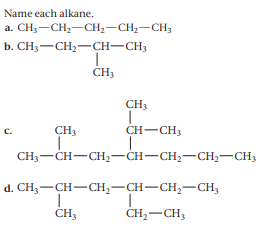 Name each alkane.
а. CH, — СH,— сH, — CH,— СH;
b. CH3-CH;-CH-CH;
ČH3
CH3
CH3
CH-CH3
с.
CH;-CH-CH2–CH-CH;-CH2-CH3
d. CH, — CH— сH, —сн—сH,— сн,
CH3
ČH;-CH3
