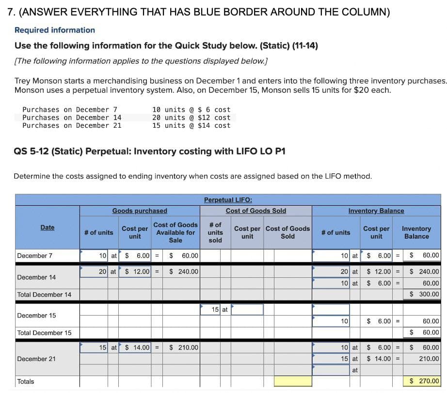 7. (ANSWER EVERYTHING THAT HAS BLUE BORDER AROUND THE COLUMN)
Required information
Use the following information for the Quick Study below. (Static) (11-14)
[The following information applies to the questions displayed below.]
Trey Monson starts a merchandising business on December 1 and enters into the following three inventory purchases.
Monson uses a perpetual inventory system. Also, on December 15, Monson sells 15 units for $20 each.
Purchases on December 7
Purchases on December 14
10 units @ $ 6 cost
20 units @ $12 cost
Purchases on December 21
15 units @ $14 cost
QS 5-12 (Static) Perpetual: Inventory costing with LIFO LO P1
Determine the costs assigned to ending inventory when costs are assigned based on the LIFO method.
Perpetual LIFO:
Goods purchased
Cost of Goods Sold
Inventory Balance
Date
# of units
Cost per
unit
Cost of Goods
Available for
Sale
# of
units
sold
Cost per Cost of Goods
unit
Sold
# of units
Cost per Inventory
unit
Balance
December 7
10 at $ 6.00 =
$ 60.00
10 at
$ 6.00 =
$
60.00
20 at $12.00 = $ 240.00
20 at
$ 12.00 =
$ 240.00
December 14
10 at
$ 6.00 =
Total December 14
60.00
$ 300.00
December 15
Total December 15
December 21
Totals
15 at $ 14.00 =
$ 210.00
15 at
10
$ 6.00 =
60.00
$
60.00
10 at
$ 6.00 =
69
$
60.00
15 at $14.00 =
210.00
at
$ 270.00