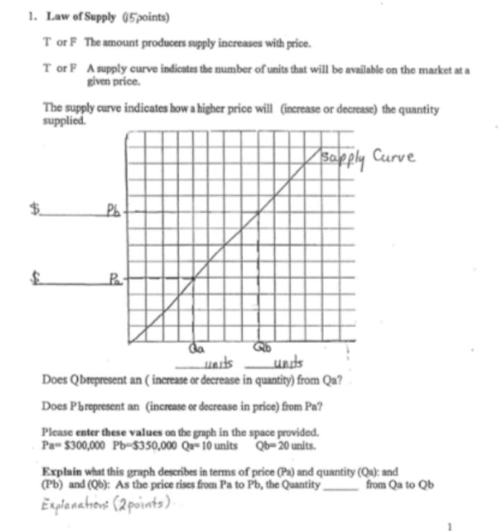 1. Law of Supply (5 points)
T or F The amount producers supply increases with price.
T or F A supply curve indicates the number of units that will be available on the market at a
given price.
The supply curve indicates how a higher price will (increase or decrease) the quantity
supplied.
Pb
Pa
units
unds
Sapply Curve
Does Qbrepresent an (increase or decrease in quantity) from Qa?
Does Phrepresent an (increase or decrease in price) from Pa?
Please enter these values on the graph in the space provided.
Pa- $300,000 Pb-$350,000 Qa- 10 units Qb-20 units.
Explain what this graph describes in terms of price (Pa) and quantity (Qa): and
(Pb) and (Qb): As the price rises from Pa to Pb, the Quantity.
Explanations (2 points)
from Qa to Qb