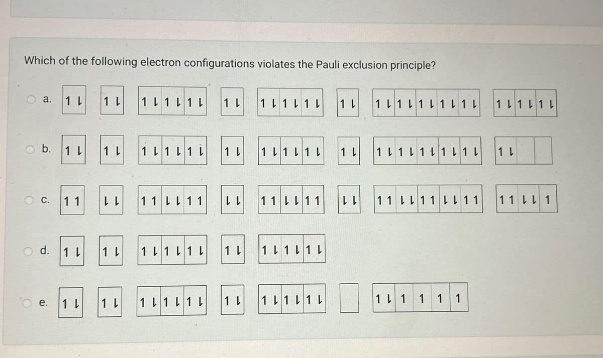 Which of the following electron configurations violates the Pauli exclusion principle?
a.
1 L
1 L
1 L 1 L 1 L
1 b
1L 1L 1L
1 L
1 L1 1L 1L 1L 1L 1L1 L
b.
1 b
1 L
1 b 1 b 1 b
1 L
1L 1L1 L
1 L
1 L1 1L1 L1 L
1 L
C.
1 1
1 1
11 レレ 11
d.
1 L
1 L 1 L1 L1 L
e.
1 L
1 L 1 L1 L
1 l
11
1111
1 L
1L 1L 1L
1 1
11 LL1 1L L 1 1
11 LL1
1 L
1 L1 L1 L
1 1 1 1 1