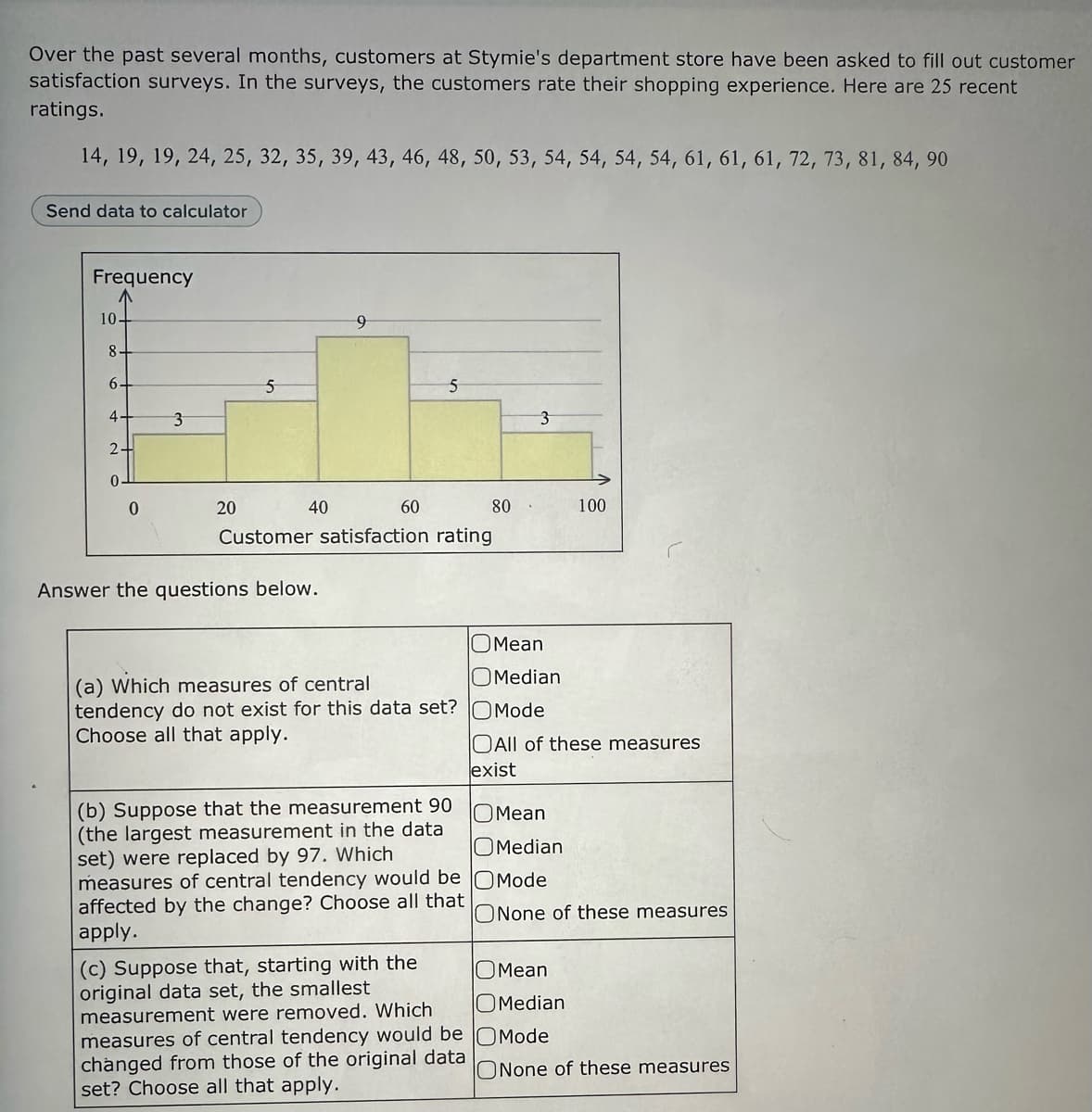 Over the past several months, customers at Stymie's department store have been asked to fill out customer
satisfaction surveys. In the surveys, the customers rate their shopping experience. Here are 25 recent
ratings.
14, 19, 19, 24, 25, 32, 35, 39, 43, 46, 48, 50, 53, 54, 54, 54, 54, 61, 61, 61, 72, 73, 81, 84, 90
Send data to calculator
Frequency
10-
8
6.
4
2
0.
0
3
20
5
40
9
Answer the questions below.
60
5
Customer satisfaction rating
80
(b) Suppos that the measurement 90
(the largest measurement in the data
set) were replaced by 97. Which
measures of central tendency would be
affected by the change? Choose all that
apply.
(c) Suppose that, starting with the
original data set, the smallest
measurement were removed. Which
measures of central tendency would be
changed from those of the original data
set? Choose all that apply.
3
Median
(a) Which measures of central
tendency do not exist for this data set? OMode
Choose all that apply.
OMean
OAll of these measures
exist
100
Mean
OMedian
O Mode
ONone of these measures
OMean
Median
O Mode
ONone of these measures