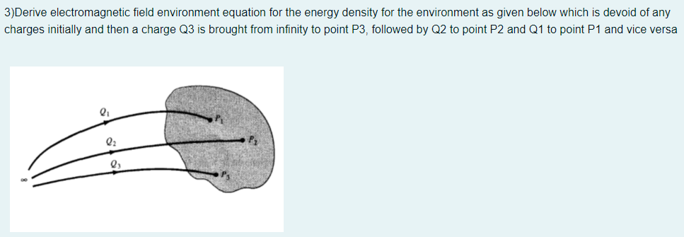 3)Derive electromagnetic field environment equation for the energy density for the environment as given below which is devoid of any
charges initially and then a charge Q3 is brought from infinity to point P3, followed by Q2 to point P2 and Q1 to point P1 and vice versa
