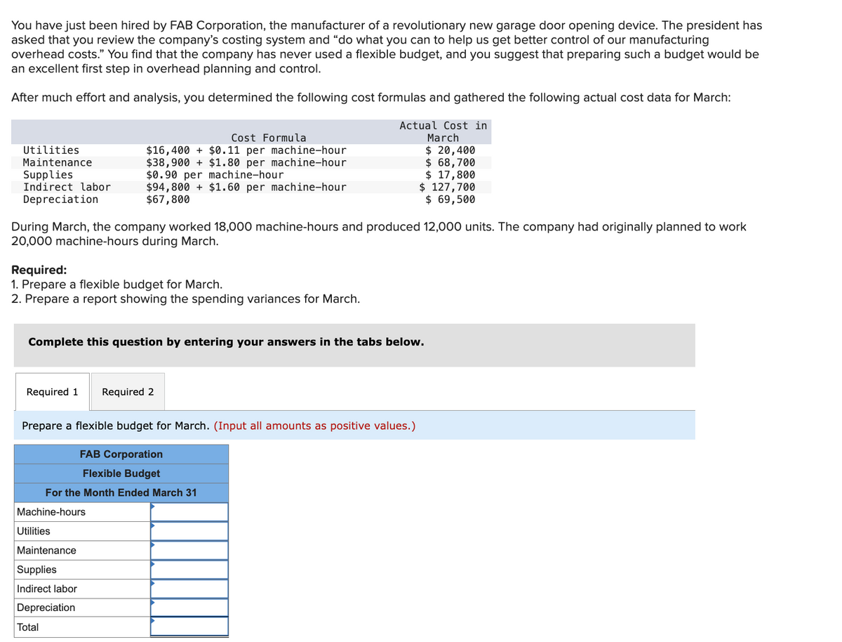 You have just been hired by FAB Corporation, the manufacturer of a revolutionary new garage door opening device. The president has
asked that you review the company's costing system and "do what you can to help us get better control of our manufacturing
overhead costs." You find that the company has never used a flexible budget, and you suggest that preparing such a budget would be
an excellent first step in overhead planning and control.
After much effort and analysis, you determined the following cost formulas and gathered the following actual cost data for March:
Actual Cost in
March
$ 20,400
$ 68,700
$ 17,800
$ 127,700
$ 69,500
Utilities
Maintenance
Supplies
Indirect labor
Depreciation
During March, the company worked 18,000 machine-hours and produced 12,000 units. The company had originally planned to work
20,000 machine-hours during March.
Cost Formula
$16,400+ $0.11 per machine-hour
$38,900 + $1.80 per machine-hour
$0.90 per machine-hour
Required:
1. Prepare a flexible budget for March.
2. Prepare a report showing the spending variances for March.
$94,800+ $1.60 per machine-hour
$67,800
Complete this question by entering your answers in the tabs below.
Required 1 Required 2
Machine-hours
Prepare a flexible budget for March. (Input all amounts as positive values.)
FAB Corporation
Flexible Budget
For the Month Ended March 31
Utilities
Maintenance
Supplies
Indirect labor
Depreciation
Total