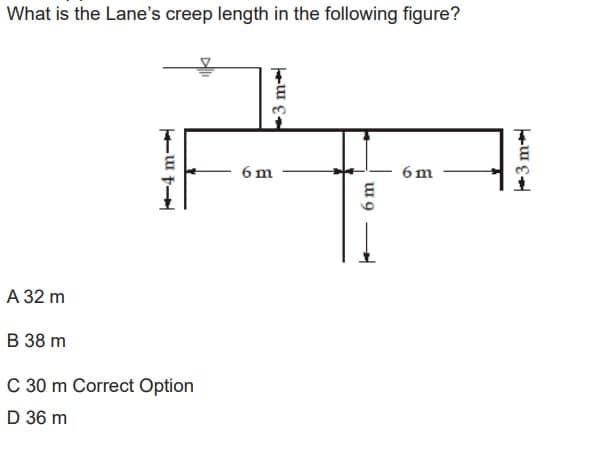 What is the Lane's creep length in the following figure?
A 32 m
B 38 m
խադ
C 30 m Correct Option
D 36 m
--ա :
6 m
6 m
6 m
3 m+