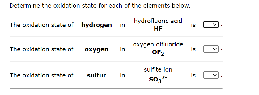 Determine the oxidation state for each of the elements below.
The oxidation state of hydrogen in
The oxidation state of
The oxidation state of
oxygen in
sulfur
in
hydrofluoric acid
HF
oxygen difluoride
OF2
sulfite ion
SO3²-
is
is
is