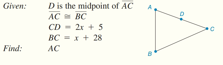 Given:
D is the midpoint of AC
АС — ВС
A
CD
2х + 5
ВС — х + 28
Find:
АС
