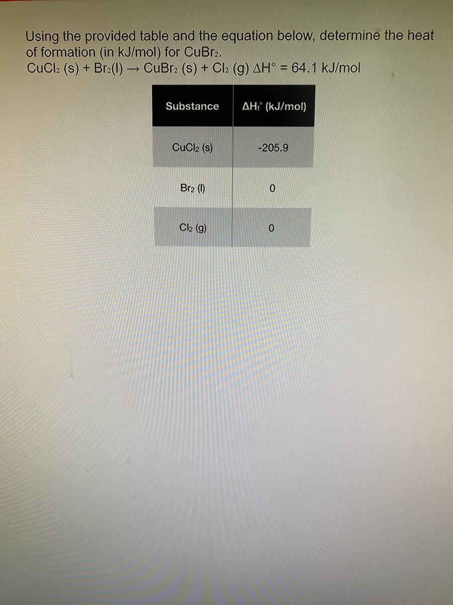 Using the provided table and the equation below, determine the heat
of formation (in kJ/mol) for CuBr2.
CuCl2 (S) + Br2(1) → CuBr2 (s) + Cl (g) AH° = 64.1 kJ/mol
Substance
AH (kJ/mol)
CuCl2 (s)
-205.9
Br2 (1)
Cl2 (g)

