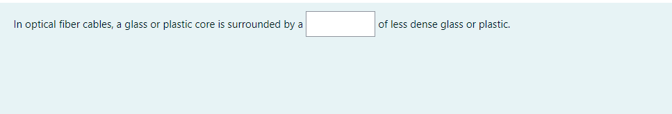 In optical fiber cables, a glass or plastic core is surrounded by a
of less dense glass or plastic.
