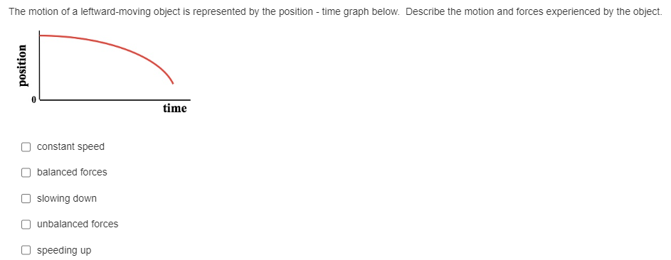 ### Understanding Motion and Forces: Analyzing a Position-Time Graph

#### Graph Description
The graph represents the motion of a leftward-moving object over time. The horizontal axis (x-axis) represents time, while the vertical axis (y-axis) represents position. The graph is a downward-curving line, indicating that the object's position is changing over time.

#### Interpretations
- The line starts at a higher position value and curves downward as time progresses, implying that the object is moving leftwards but slowing down over time.
- The curved nature of the line indicates that the rate of change of position (speed) is not constant.

#### Multiple Choice Options
Select the correct statements about the object's motion and forces:

- [ ] constant speed
- [ ] balanced forces
- [x] slowing down
- [x] unbalanced forces
- [ ] speeding up

#### Explanation
- **Constant Speed:** The object is not moving at a constant speed because the slope of the position-time graph is changing.
- **Balanced Forces:** If the forces were balanced, the object would be moving at a constant velocity. Since the object is slowing down, the forces are unbalanced.
- **Slowing Down:** The downward curve indicates that the object's speed is decreasing over time.
- **Unbalanced Forces:** The change in speed suggests that unbalanced forces are acting on the object, causing it to decelerate.
- **Speeding Up:** The graph does not show any indication of the object speeding up; instead, it is slowing down.