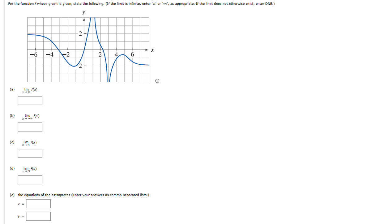 For the function f whose graph is given, state the following. (If the limit is infinite, enter 'co' or '-co', as appropriate. If the limit does not otherwise exist, enter DNE.)
y
(a)
-6
-4
-2
lim f(x)
x-00
(b)
lim f(x)
x--00
(c)
lim f(x)
(d)
lim, 10x)
x 3
-2
2
x
2
6
(e) the equations of the asymptotes (Enter your answers as comma-separated lists.)
y =