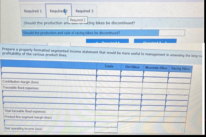 Required 1
Required 2
Contribution margin (loss)
Traceable fixed expenses
Should the production and
Should the production and sale of racing bikes be discontinued?
Required 3
Total traceable fixed expenses
Product line segment margin (loss)
Net operating income (loss)
Required 2
Prepare a properly formatted segmented income statement that would be more useful to management in assessing the long-ru
profitability of the various product lines.
or racing bikes be discontinued?
Totals
Dirt Bikes
Mountain Bikes Racing Bikes