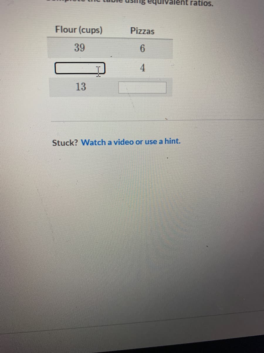 1g equivalent ratios.
Flour (cups)
Pizzas
39
6.
4
13
Stuck? Watch a video or use a hint.
