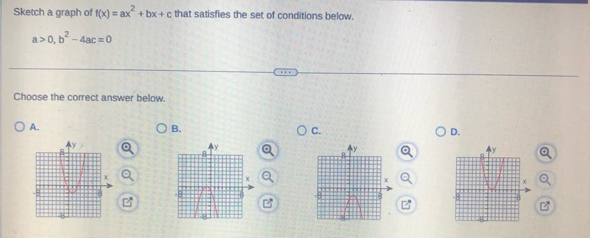 Sketch a graph of f(x) = ax +bx+c that satisfies the set of conditions below.
a>0, b² - 4ac=0
Choose the correct answer below.
O A.
Ay
Q
G
OB.
Ay
...
O C.
Ay
O D.
Ay