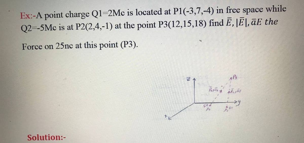 Ex:-A point charge Q1=2Mc is located at P1(-3,7,-4) in free space while
Q2=-5Mc is at P2(2,4,-1) at the point P3(12,15,18) find Ē, JĒ|, āE the
Force on 25nc at this point (P3).
Solution:-
