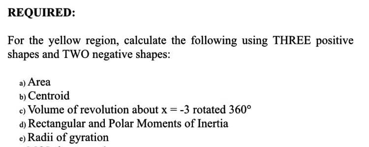 REQUIRED:
For the yellow region, calculate the following using THREE positive
shapes and TWO negative shapes:
a) Area
b) Centroid
c) Volume of revolution about x = -3 rotated 360°
d) Rectangular and Polar Moments of Inertia
e) Radii of gyration
