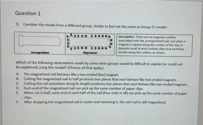 Question 1
1) Consider the model from a different group, similar to but not the same as Group 2's model:
SSSNN SSNNNN
Description: There are no magnetic entities
associated with the unmagnetized nail, but when a
magnet is rubbed along the surface of the nail, it
deposits small N and S entities (like dust particles)
loosely along the surface, as shown.
/N
SSNN SSNNN
Unmagnetized
Magnetized
Which of the following observations made by some other groups would be difficult to explain (or could not
be explained) using this model? (Choose all that apply.)
The magnetized nail behaves like a two-ended (bar) magnet.
B. Cutting the magnetized nail in half produces two pieces that each behave like two-ended magnets.
C. Cutting the nail anywhere along its length produces two pieces that each behave like two-ended magnets.
Each end of the magnetized nail can pick up the same number of paper clips.
When cut in half, each end of each half of the nail (four ends in all) can pick up the same number of paper
clips.
After dropping the magnetized nail in water and removing it, the wet nail is still magnetized.
A.
D.
E.
F.
