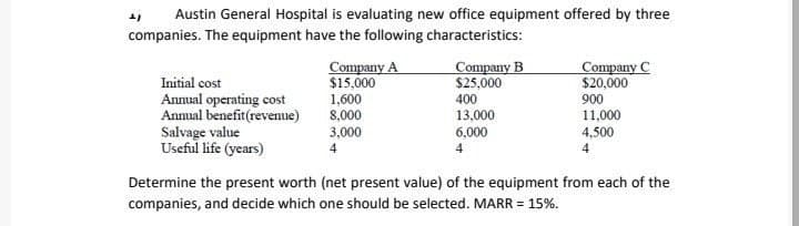 " Austin General Hospital is evaluating new office equipment offered by three
companies. The equipment have the following characteristics:
Company A
Initial cost
$15,000
Annual operating cost
1,600
Company B
$25,000
400
Annual benefit(revenue)
8,000
13,000
Salvage value
3,000
6,000
Useful life (years)
4
Company C
$20,000
900
11,000
4,500
Determine the present worth (net present value) of the equipment from each of the
companies, and decide which one should be selected. MARR = 15%.