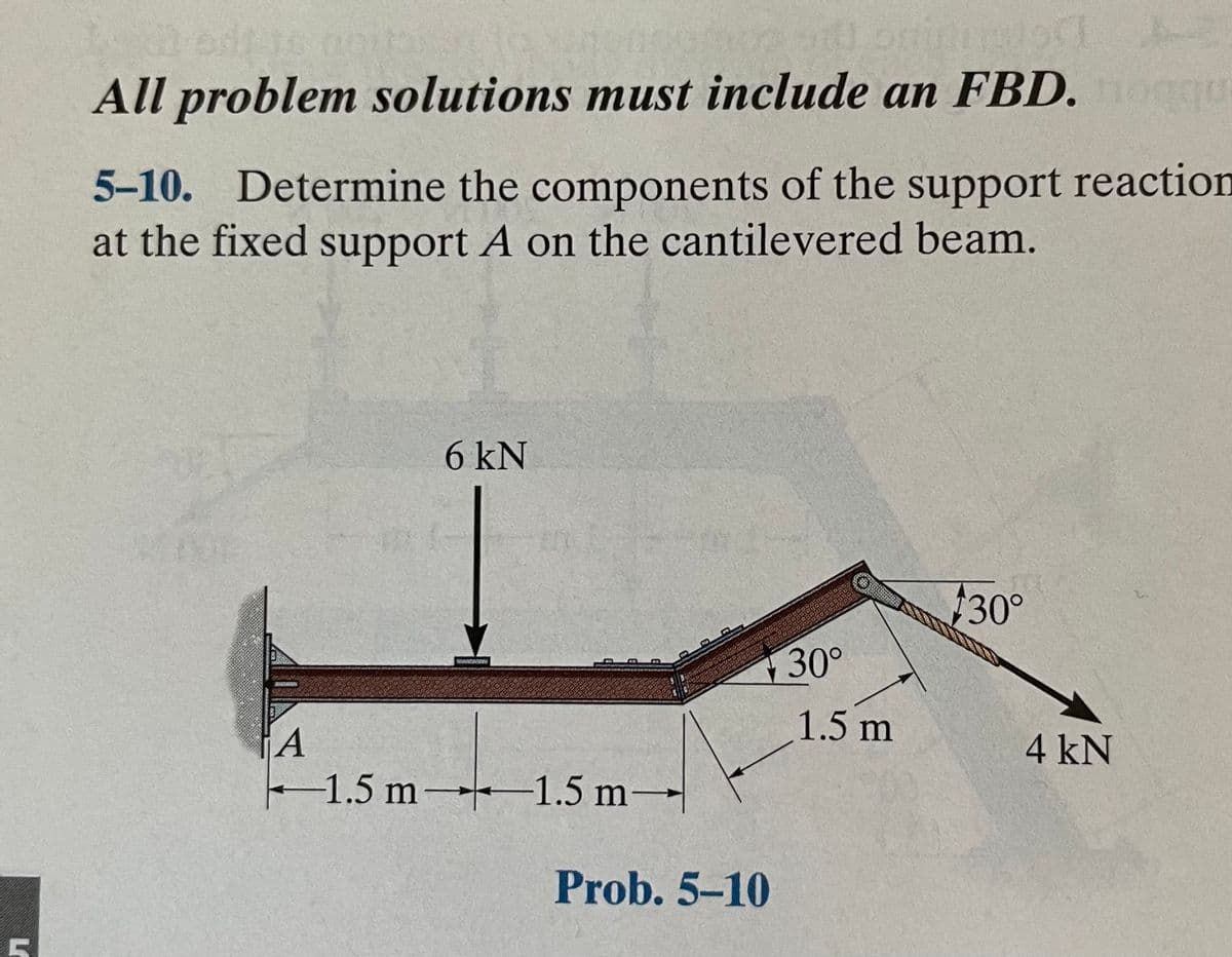 All problem solutions must include an FBD.ggu
5-10. Determine the components of the support reaction
at the fixed support A on the cantilevered beam.
6 kN
30°
30°
1.5 m
4 kN
- 1.5 m 1.5 m-
Prob. 5–10
