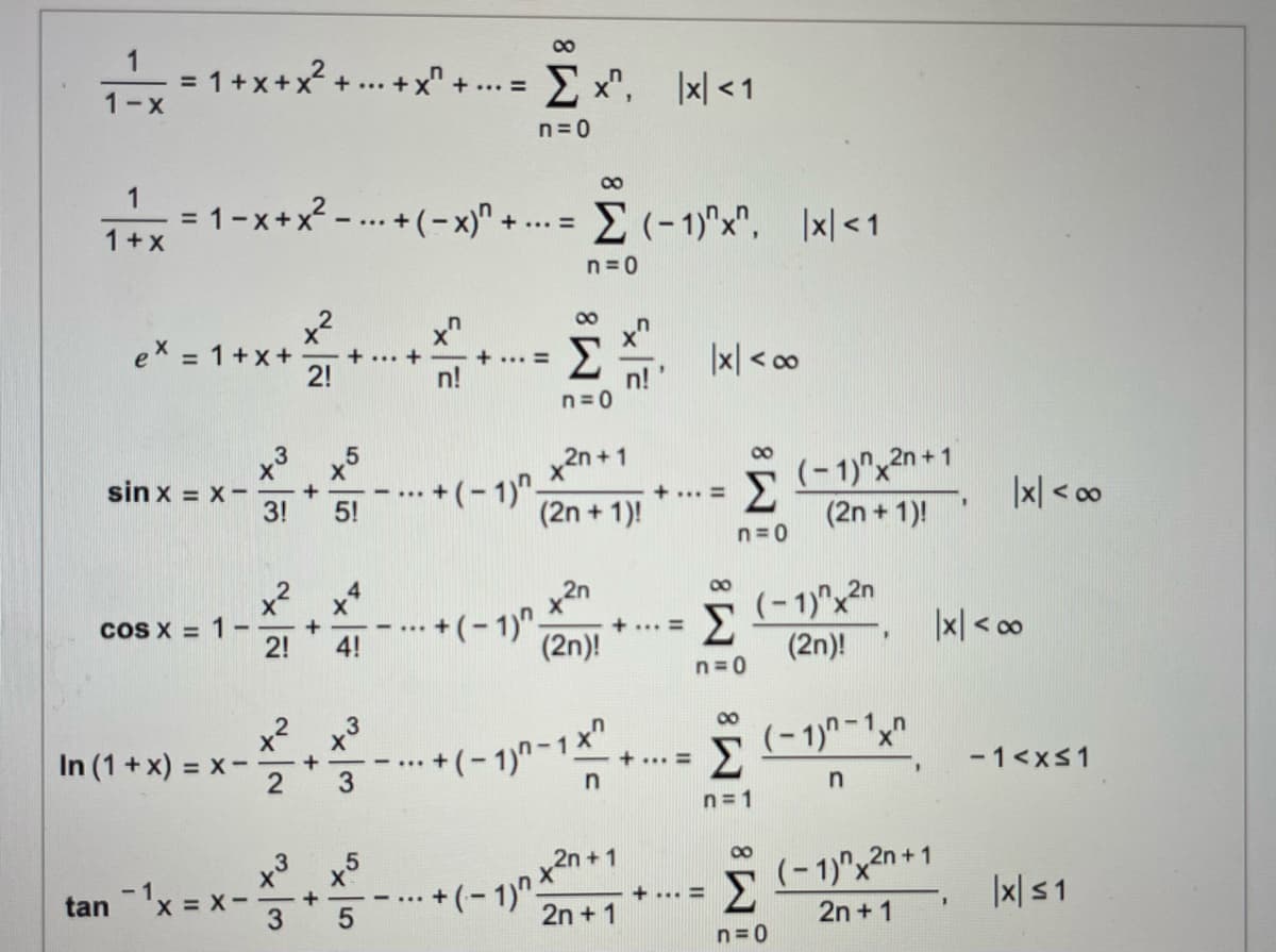 1
- = 1+x+x-
00
+x + ...= E x", x| <1
+ ...
1-X
... =
n=0
1
= 1-x+x? - ... + (-x)" +
00
%3D
1+x
E(-1)"x", |x|<1
... =
n= 0
00
ex = 1+x+
2!
|x| < co
+ -
+...=
n!
n= 0
3
x2n + 1
00
sin x = x-
3!
+(- 1)"-
(2n + 1)!
5(-1)"x2n+1
Σ
|x| < 00
+... =
5!
(2n + 1)!
n=0
00
coS X = 1-
+
2!
+(-1)",
(2n)!
(-1)"x²n
Σ
(2n)!
|x| < oo
4!
n= 0
00
In (1 +x) = x-
**(- 1)^-1x"
Σ
(-1)^ -1x"
%3D
+... =
3
- 1<xs1
n
n
n=1
00
- 1
X = X- - +
Σ
2n + 1
(- 1)"x2n + 1
tanx =
+ ... =
*(~リn+
|x| s1
2n + 1
n=0
