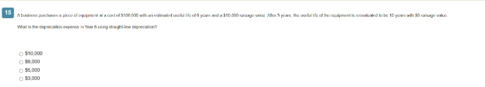 15
A business purchases a piece of equipment at a cost of $100,000 with an estimated useful life of 6 years and a $10,000 salvage value After 5 years, the useful life of the equipment is reevaluated to be 10 years with $0 salvage value
What is the depreciation expense in Year 6 using straight-line depreciation?
O $10,000
O $9,000
O $5,000
O $3,000