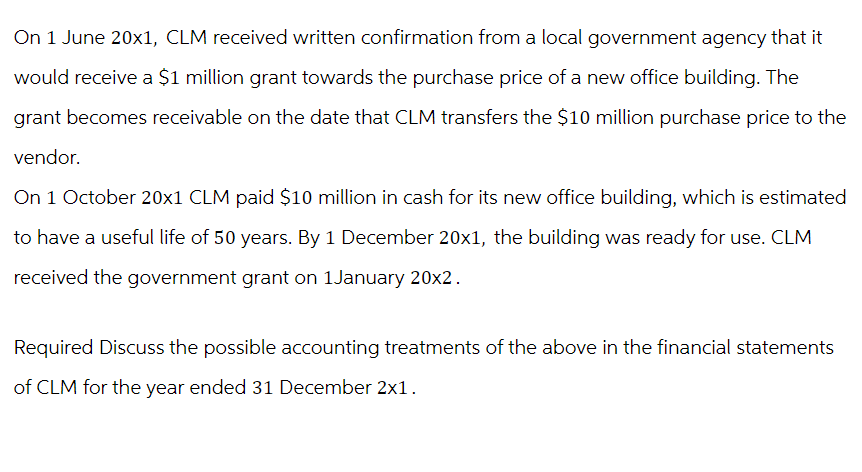 On 1 June 20x1, CLM received written confirmation from a local government agency that it
would receive a $1 million grant towards the purchase price of a new office building. The
grant becomes receivable on the date that CLM transfers the $10 million purchase price to the
vendor.
On 1 October 20x1 CLM paid $10 million in cash for its new office building, which is estimated
to have a useful life of 50 years. By 1 December 20x1, the building was ready for use. CLM
received the government grant on 1January 20x2.
Required Discuss the possible accounting treatments of the above in the financial statements
of CLM for the year ended 31 December 2x1.