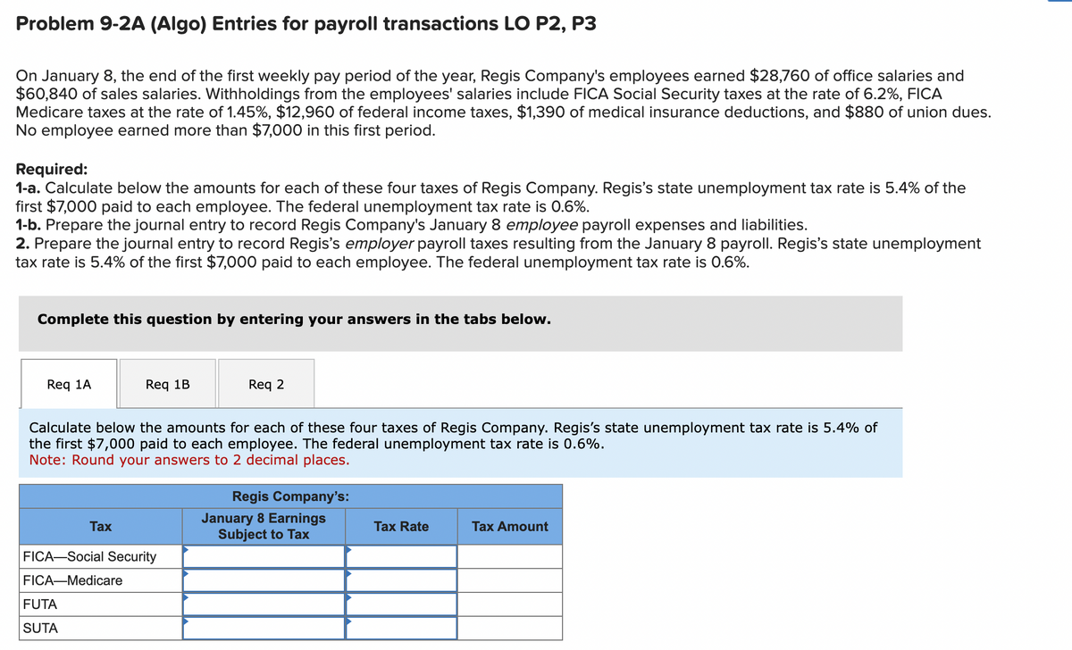 Problem 9-2A (Algo) Entries for payroll transactions LO P2, P3
On January 8, the end of the first weekly pay period of the year, Regis Company's employees earned $28,760 of office salaries and
$60,840 of sales salaries. Withholdings from the employees' salaries include FICA Social Security taxes at the rate of 6.2%, FICA
Medicare taxes at the rate of 1.45%, $12,960 of federal income taxes, $1,390 of medical insurance deductions, and $880 of union dues.
No employee earned more than $7,000 in this first period.
Required:
1-a. Calculate below the amounts for each of these four taxes of Regis Company. Regis's state unemployment tax rate is 5.4% of the
first $7,000 paid to each employee. The federal unemployment tax rate is 0.6%.
1-b. Prepare the journal entry to record Regis Company's January 8 employee payroll expenses and liabilities.
2. Prepare the journal entry to record Regis's employer payroll taxes resulting from the January 8 payroll. Regis's state unemployment
tax rate is 5.4% of the first $7,000 paid to each employee. The federal unemployment tax rate is 0.6%.
Complete this question by entering your answers in the tabs below.
Req 1A
Req 1B
Calculate below the amounts for each of these four taxes of Regis Company. Regis's state unemployment tax rate is 5.4% of
the first $7,000 paid to each employee. The federal unemployment tax rate is 0.6%.
Note: Round your answers to 2 decimal places.
Tax
FUTA
SUTA
FICA-Social Security
FICA-Medicare
Req 2
Regis Company's:
January 8 Earnings
Subject to Tax
Tax Rate
Tax Amount