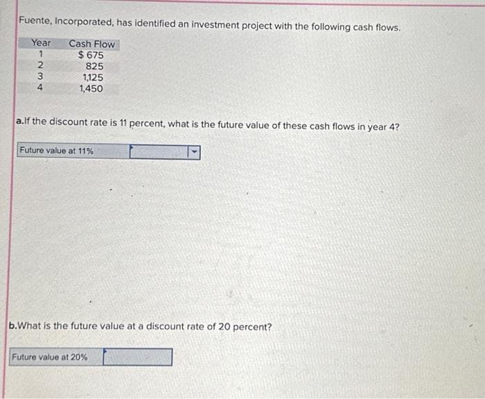 Fuente, Incorporated, has identified an investment project with the following cash flows.
Year Cash Flow
1
234
$675
825
1,125
1,450
a.lf the discount rate is 11 percent, what is the future value of these cash flows in year 4?
Future value at 11%
b.What is the future value at a discount rate of 20 percent?
Future value at 20%