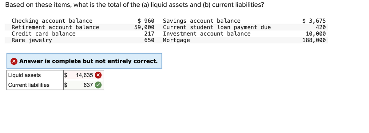 Based on these items, what is the total of the (a) liquid assets and (b) current liabilities?
Checking account balance
Retirement account balance
Credit card balance
Rare jewelry
59,000
$ 960 Savings account balance
Current student loan payment due
Investment account balance
217
650
Mortgage
Answer is complete but not entirely correct.
Liquid assets
$
Current liabilities
$
14,635 X
637
$ 3,675
420
10,000
188,000