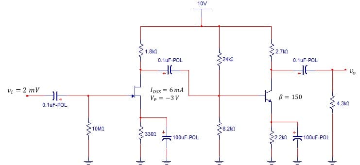 10V
1.8ka
2.7ka
0.1uF-POL
24k
0.1uF-POL
+
vi = 2 mV
Ipss = 6 mA
Vp = -3 V
B =
= 150
0.1uF-POL
4.3ka
10MΟ
8.2kn
2.2KA
3300
100uF-POL
100UF-POL
