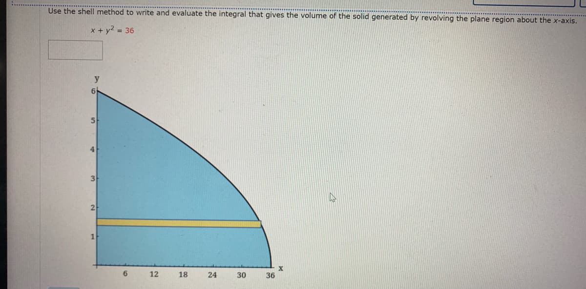 Use the shell method to write and evaluate the integral that gives the volume of the solid generated by revolving the plane region about the x-axis.
x + y2 = 36
y
6
3
2-
X
36
6
12
18
24
30
