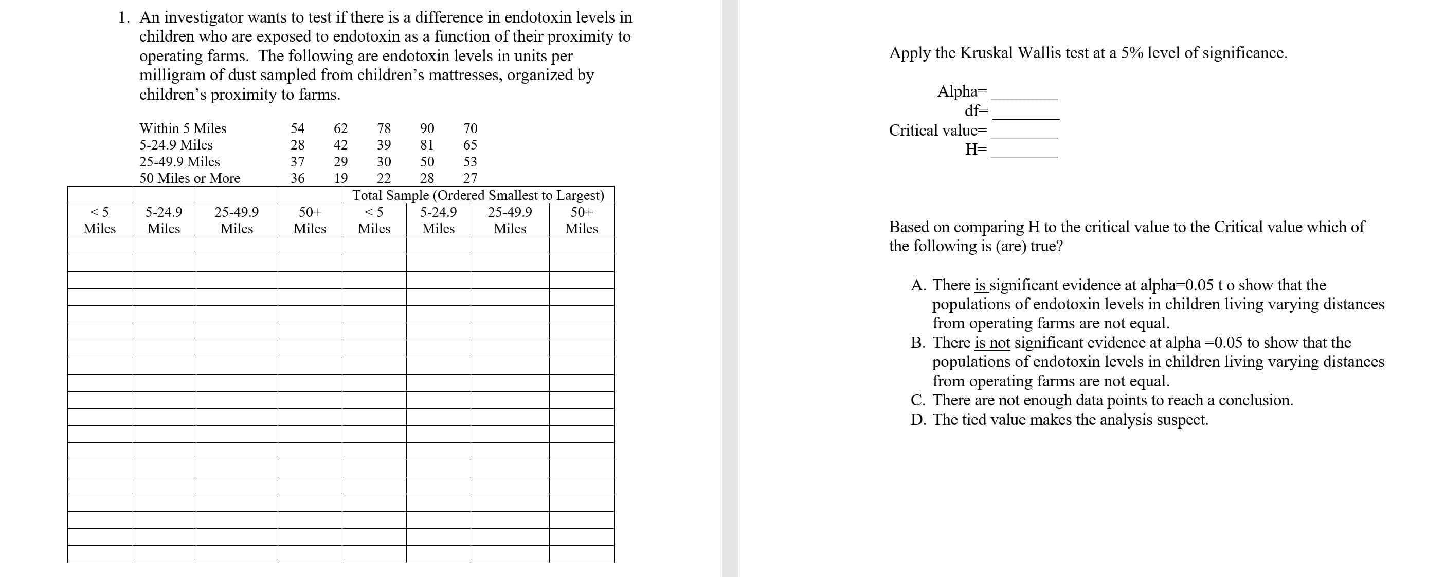 1. An investigator wants to test if there is a difference in endotoxin levels in
children who are exposed to endotoxin as a function of their proximity to
operating farms. The following are endotoxin levels in units per
milligram of dust sampled from children's mattresses, organized by
children's proximity to farms
Apply the Kruskal Wallis test at a 5% level of significance.
Alpha-
df-
Critical value-
Within 5 Miles
5-24.9 Miles
25-49.9 Miles
50 Miles or More
54 62 78 90 70
28 42 39 81 65
37 2930 50 53
36 19 22 28 27
Total Sample (Ordered Smallest to Largest
5-24.925-49.9
5-24.9
25-49.9
Miles
50+
Miles MilesMiles
50+
Miles
Based on comparing H to the critical value to the Critical value which oif
the following is (are) true?
Miles
Miles Miles
A. There is significant evidence at alpha-0.05 t o show that the
populations of endotoxin levels in children living varying distances
from operating farms are not equal
B. There is not significant evidence at alpha-0.05 to show that the
populations of endotoxin levels in children living varying distances
from operating farms are not equal
C. There are not enough data points to reach a conclusion.
D. The tied value makes the analvsis suspect.
