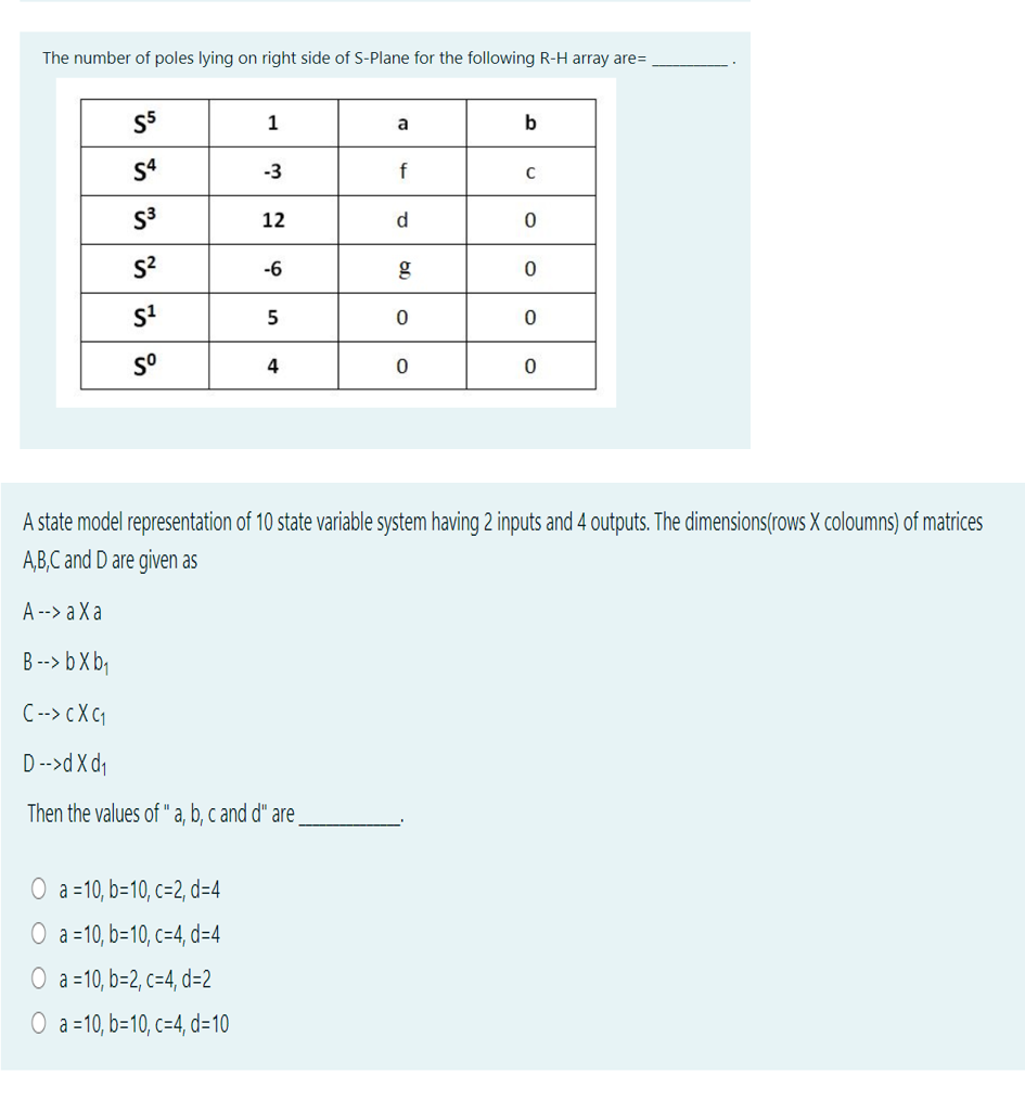 The number of poles lying on right side of S-Plane for the following R-H array are=
S5
1
b
a
S4
-3
f
S3
12
d
-6
g
so
4
A state model representation of 10 state variable system having 2 inputs and 4 outputs. The dimensions(rows X coloumns) of matrices
A,B,C and D are given as
A --> a X a
B --> b X b,
C --> c X C1
D -->d X d1
Then the values of " a, b, c and d" are,
O a =10, b=10, c=2, d=4
O a =10, b=10, c=4, d=4
O a =10, b=2, c=4, d=2
O a =10, b=10, c=4, d=10
