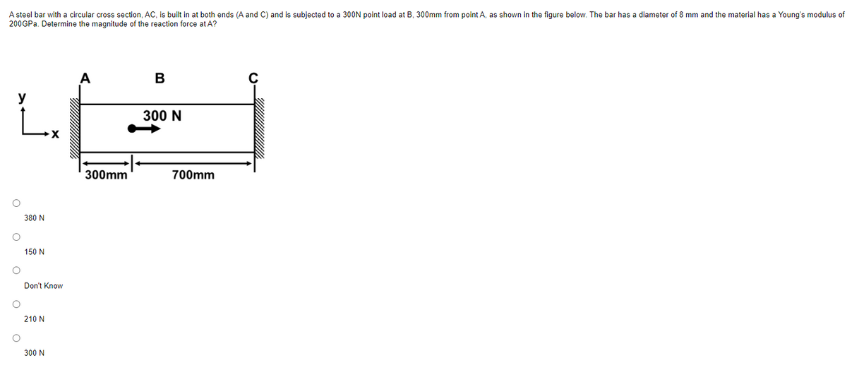 A steel bar with a circular cross section, AC, is built in at both ends (A and C) and is subjected to a 300N point load at B, 300mm from point A, as shown in the figure below. The bar has a diameter of 8 mm and the material has a Young's modulus of
200GPa. Determine the magnitude of the reaction force at A?
O
O
O
O
380 N
150 N
Don't Know
210 N
300 N
300mm
B
300 N
700mm