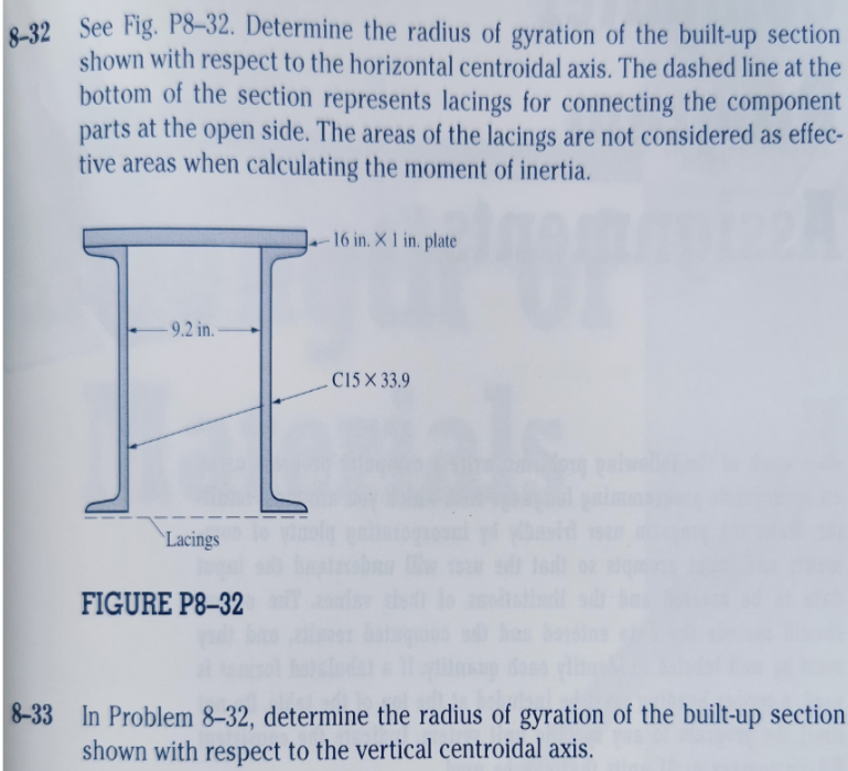 8-32 See Fig. P8–32. Determine the radius of gyration of the built-up section
shown with respect to the horizontal centroidal axis. The dashed line at the
bottom of the section represents lacings for connecting the component
parts at the open side. The areas of the lacings are not considered as effec-
tive areas when calculating the moment of inertia.
-16 in. X 1 in. plate
-9.2 in.
-C15 × 33.9
\Lacings
FIGURE P8–32
8-33 In Problem 8–32, determine the radius of gyration of the built-up section
shown with respect to the vertical centroidal axis.
