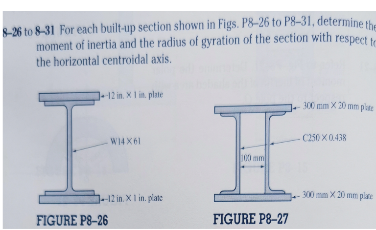 8-26 to 8–31 For each built-up section shown in Figs. P8–26 to P8–31, determine the
moment of inertia and the radius of gyration of the section with respect te
the horizontal centroidal axis.
+12 in. X 1 in. plate
300 mm X 20 mm plate
W14 X 61
C250 × 0.438
100 mm
300 mm X 20 mm plate
-12 in. X1 in. plate
FIGURE P8-26
FIGURE P8-27
