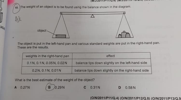 10. The weight of an object is to be found using the balance shown in the diagram.
object
The object is put in the left-hand pan and various standard weights are put in the right-hand pan.
These are the results.
weights in the right-hand pan
effect
0.1 N, 0.1N, 0.05N, 0.02N
balance tips down slightly on the left-hand side
0.2 N, 0.1 N, 0.01 N
balance tips down slightly on the right-hand side
What is the best estimate of the weight of the object?
A 0.27N
B 0.29 N
C 0.31N
D 0.58N
(O/N/2011/P11/Q.4) (O/N/2011/P12/Q.8) (O/N/2011/P13/Q.9
