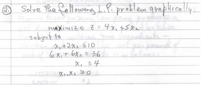 @ Solve the following L.P. problem quaphically:
Mogud's Name pal
his maximize z = 4x₁ +5x₂ on-les
subject to
X₁ +2X₂ 210
6 X₁ + 6x₂ = 36
Newss
x₁ = 4
X15X270