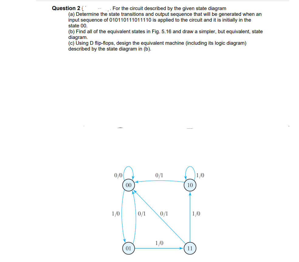 Question 2 (
For the circuit described by the given state diagram
(a) Determine the state transitions and output sequence that will be generated when an
input sequence of 010110111011110 is applied to the circuit and it is initially in the
state 00.
(b) Find all of the equivalent states in Fig. 5.16 and draw a simpler, but equivalent, state
diagram.
(c) Using D flip-flops, design the equivalent machine (including its logic diagram)
described by the state diagram in (b).
0/0
0/1
1/0
00
10
1/0
0/1
0/1
1/0
1/0
01
11
