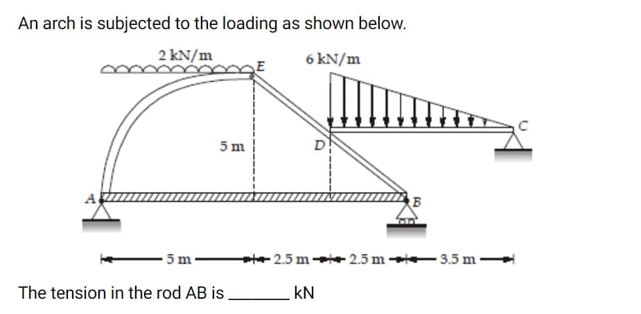 An arch is subjected to the loading as shown below.
2 kN/m
6 kN/m
5m
D
B
5 m
te 2.5 me 2.5 m -3.5 m
The tension in the rod AB is
kN
