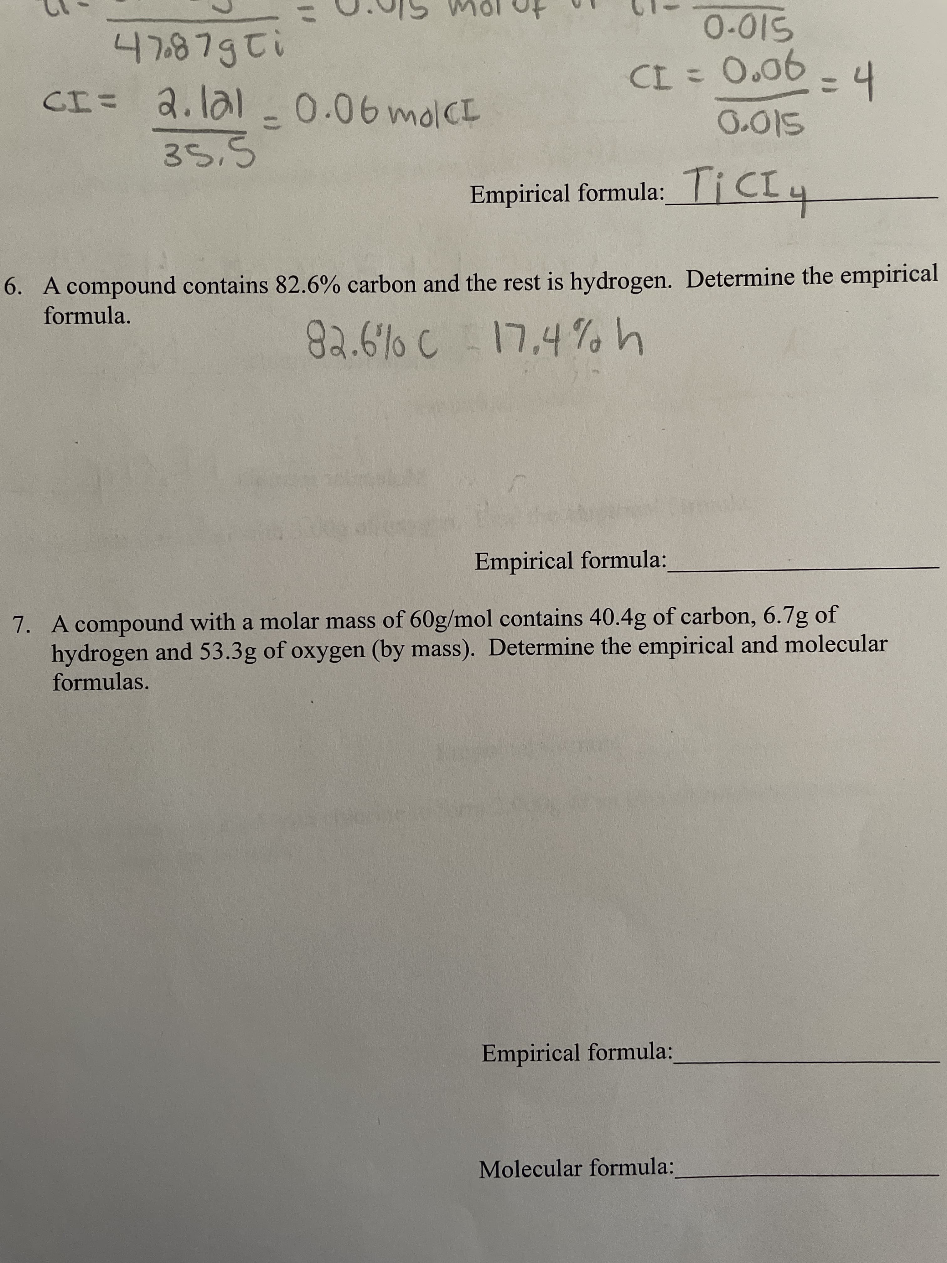 5. A compound contains 82.6% carbon and the rest is hydrogen. Determine the empirical
formula.
82.6% C 17.4%,h
Empirical formula:
