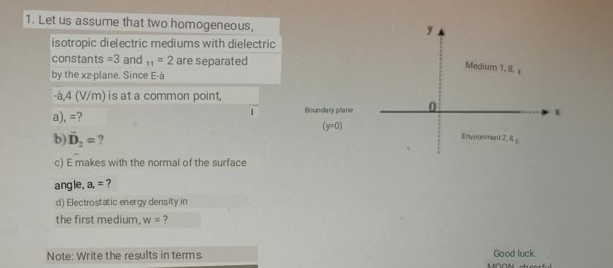 1. Let us assume that two homogeneous,
isotropic dielectric mediums with dielectric
constants =3 and , = 2 are separated
Medium 1,8,
by the xz-plane. Since E-à
-à,4 (V/m) is at a common point,
Boundary plane
a), =?
(y=0)
b)D, =?
Environment 2, 8
c) E makes with the normal of the surface
angle, a, = ?
d) Electrostatic energy density in
the first medium, w = ?
Note: Write the results in terms.
Good luck.
MOON ch oorful
